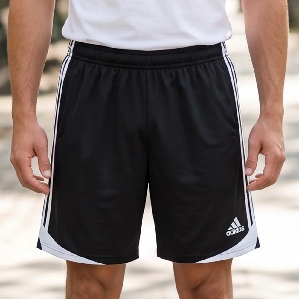 Adidas Mens Soccer Shorts Black White Striped Athletic Training Gym Activewear
